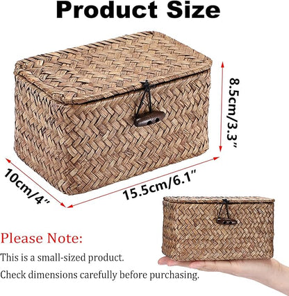 Hipiwe Seagrass Basket Key Holder Box for Entryway Tabletop Desk Organizer with Lid Handwoven Wicker Storage Bin for Hair Ties Candy, 6.1"L x 4.0"W x 3.3"H