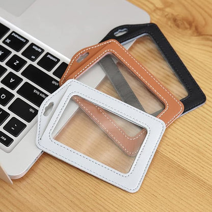 3 Pcs Vertical Leather Badge Holders, Black/Brown/Gray ID Holder for Lanyard, Waterproof Clear Card Holder for School ID Office ID, ID Protector for Women,Men