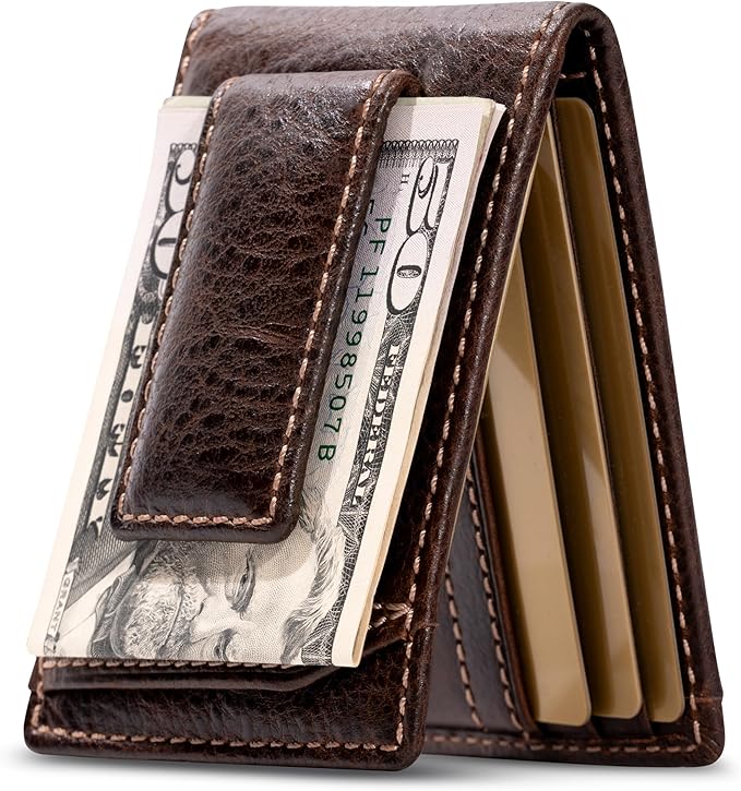 House of Jack Co. Ivor Bifold Money Clip Wallet for Men, Slim Front Pocket Wallet with Strong Magnetic Clip, Exterior ID Window, Full Grain Cowhide, Brown