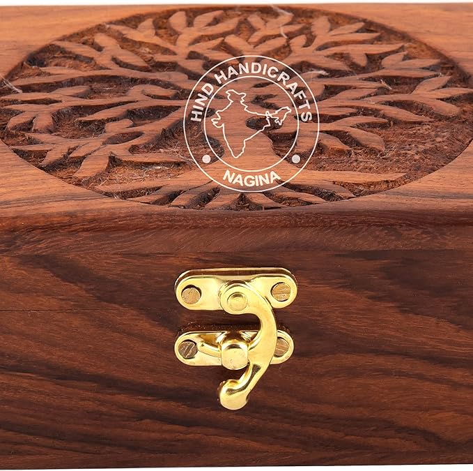 Rosewood Handmade Wooden Urn Tree of Life Engraving Handcarved Jewellery Box for Women-Men Jewel | Home Decor Accents | Decorative Boxes | Storage & Organiser (7" x 5.5" x 3.5", Tree - 2 Plane)
