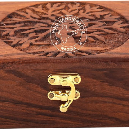Rosewood Handmade Wooden Urn Tree of Life Engraving Handcarved Jewellery Box for Women-Men Jewel | Home Decor Accents | Decorative Boxes | Storage & Organiser (7" x 5.5" x 3.5", Tree - 2 Plane)