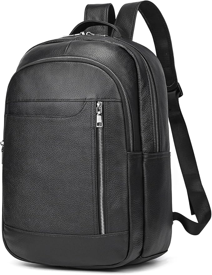 Large Capacity Black Leather Backpack for Men, 15.6 Inch Genuine Leather Laptop Backpack Business Travel Shoulder Daypacks