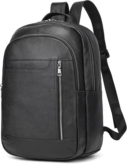 Large Capacity Black Leather Backpack for Men, 15.6 Inch Genuine Leather Laptop Backpack Business Travel Shoulder Daypacks