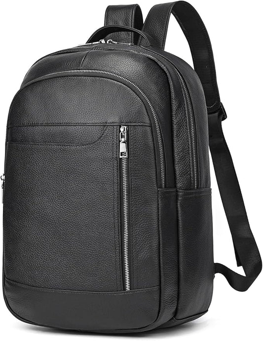 Large Capacity Black Leather Backpack for Men, 15.6 Inch Genuine Leather Laptop Backpack Business Travel Shoulder Daypacks