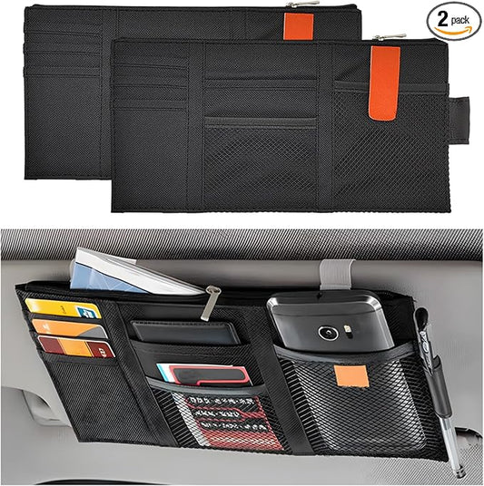2 PCS Car Sun Visor Organizer, Auto Interior Visor Storage Pouch Holder with Zipper, Multi-Pocket Net Personal Belonging Organizer, Universal Car Accessory for Card, Document (Black)
