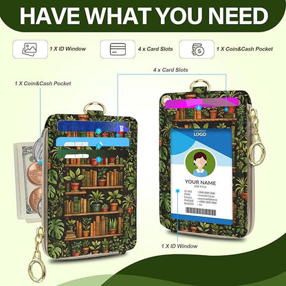 Bookshelf Lanyard Wallet with Id Badge Holder, RFID Small Keychain Wallet Women Wristlet, Cute Zipper Credit Id Card Holder Phone Wrist Neck Strap for Key Name Tag, Nurse Teacher Office Gift