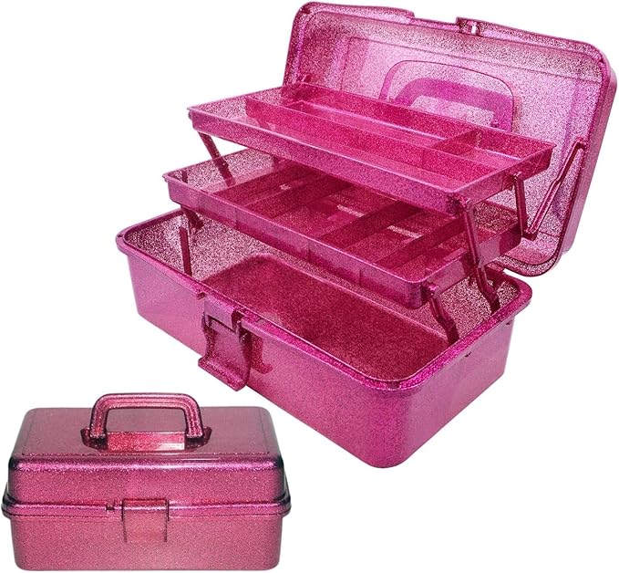 Saim Small Parts Organizer, 3-Layer Storage Box with Fixed Compartments, Ready-to-Use Portable Makeup & Hair Accessories Case, Craft Organizer for Girls Teens College Dorm - Hot Pink