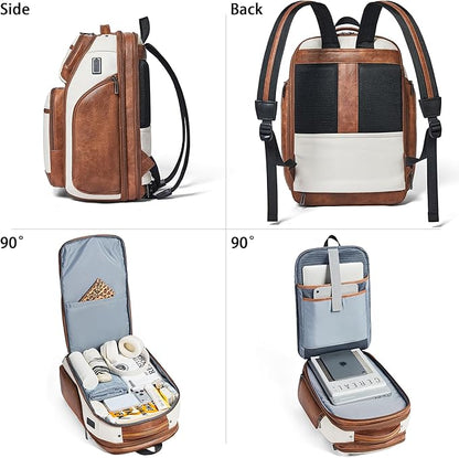 Vegan Leather Backpack, 40L Expandable, TSA Travel Backpack for Men and Women, Fits 17.0 Inch Notebook with USB Port and Luggage Strap, Beige