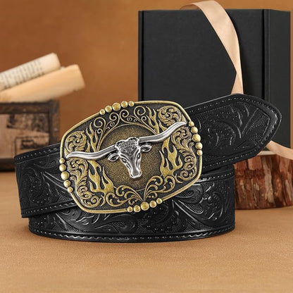 Cowboy Western Ratchet Belt for Men Women with Automatic Western Buckle, Ratchet Cowboy Leather Belt for Jeans Gifts