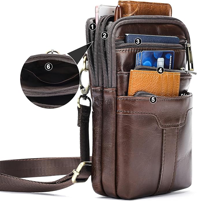 MASIWEI Real Leather Crossbody Bag for Men Women Hiking Small Purse Convertible Belt Loop Shoulder Bag for Phone Passport