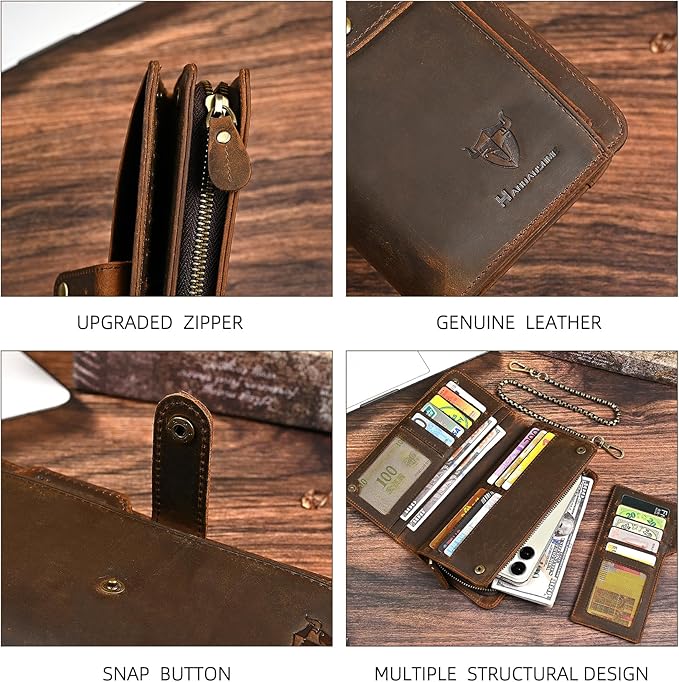 Genuine Crazy Horse Leather Travel Gift Coin Pocket Card Case Long Organizer Chain Rfid Wallet Purse With Snap For Men Male 1803 1815 (W-1821-Brown)