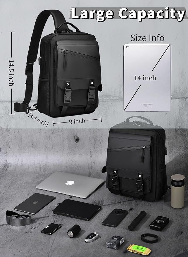 BASICPOWER Laptop Sling Bag for Men Women, Sling Backpack Crossbody Bag Fits 14 inch Computer with USB Port Anti-theft
