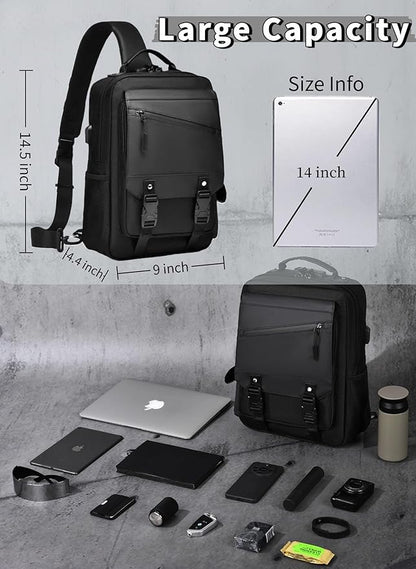 BASICPOWER Laptop Sling Bag for Men Women, Sling Backpack Crossbody Bag Fits 14 inch Computer with USB Port Anti-theft
