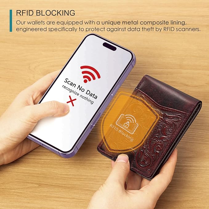 Pefiam Full Grain Leather Bifold Wallet for Men - 11 Slots, RFID Blocking, Gifts for Men - Cowboy Red