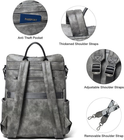 Shrrie 15.6 inch Laptop Backpack for Women,Large Leather Purse,Travel Backpacks Carry on,Water Resistant Casual Laptop Backpacks,College Backpack,Work Backpack for Women,Two-toned Deep Gray