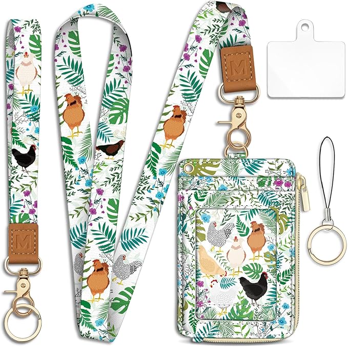 Piefly Chicken Lanyard Wallet with ID Badge Holder, Rooster Small RFID Wallet Women Keychain Wristlet, Slim Credit Card Holder with Zipper Pocket Phone Lanyard Wrist Strap Name Tag Office Teacher Gift