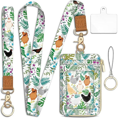 Piefly Chicken Lanyard Wallet with ID Badge Holder, Rooster Small RFID Wallet Women Keychain Wristlet, Slim Credit Card Holder with Zipper Pocket Phone Lanyard Wrist Strap Name Tag Office Teacher Gift