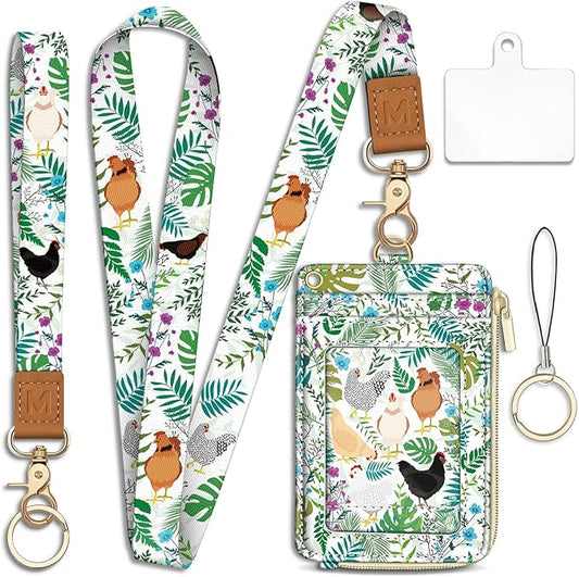 Piefly Chicken Lanyard Wallet with ID Badge Holder, Rooster Small RFID Wallet Women Keychain Wristlet, Slim Credit Card Holder with Zipper Pocket Phone Lanyard Wrist Strap Name Tag Office Teacher Gift