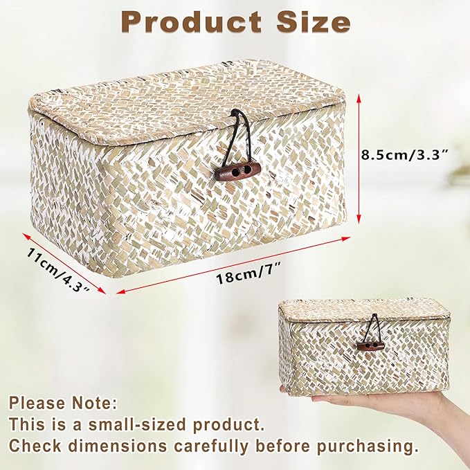Hipiwe Mini Seagrass Basket with Lid Decorative Shelf Basket Box Multipurpose Desktop Organizer, Whitewash 7.0" x 4.3" x 3.3"