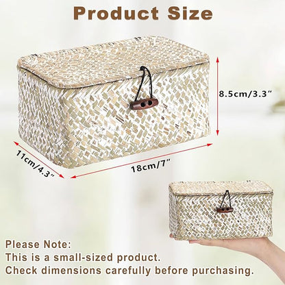 Hipiwe Mini Seagrass Basket with Lid Decorative Shelf Basket Box Multipurpose Desktop Organizer, Whitewash 7.0" x 4.3" x 3.3"
