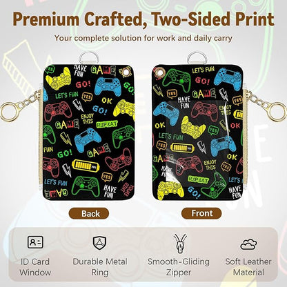 Gamepad Leather Badge Holder with Zipper Pocket, Game Work Lanyards and 1 Zip Pocket and 4 Card Slots, Gamer Breakaway Lanyards with Metal Clasp for Boys, Adult, Teachers