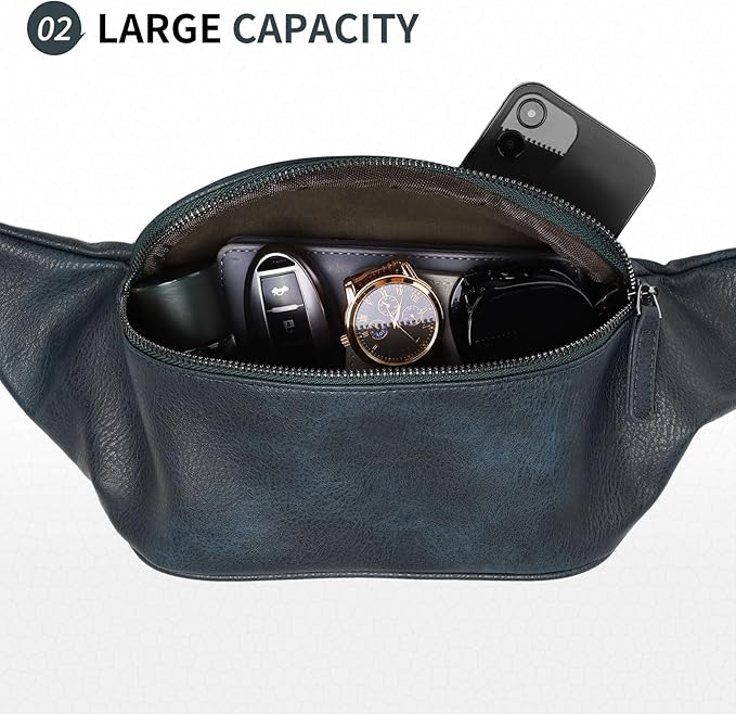 Faux Leather Belt Bag for Men, Crossbody Sling Bag with Adjustable Strap, Back Zipper Pocket, Large Capacity Waist Pack for Travel, Work, Navy Blue