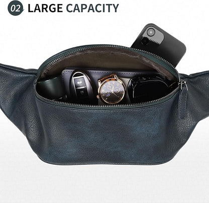 Faux Leather Belt Bag for Men, Crossbody Sling Bag with Adjustable Strap, Back Zipper Pocket, Large Capacity Waist Pack for Travel, Work, Navy Blue