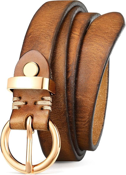 SANSTHS Womens Genuine Leather Belts for Jeans Pants Trendy Vintage Thin Leather Belt Gold Buckle Ladies Skinny Waist Belt