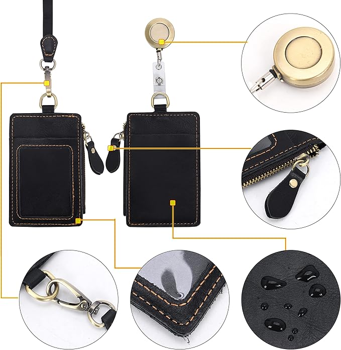 Wonderpool Leather ID Badge Holder with Zipper Wallet Pouch - Card Slots Case Detachable Neck Lanyard and Retractable Badge Reel for Office School Hospital Exhibition ID (Black)