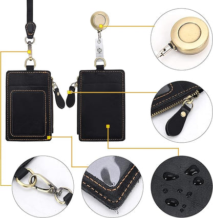 Wonderpool Leather ID Badge Holder with Zipper Wallet Pouch - Card Slots Case Detachable Neck Lanyard and Retractable Badge Reel for Office School Hospital Exhibition ID (Black)