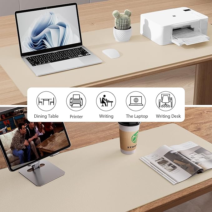 Aothia Faux Leather Desk Mat – Large Mouse Pad, Non-Slip PU Leather Blotter, Waterproof Writing Surface for Office and Home (Beige, 47.2" x 23.6")