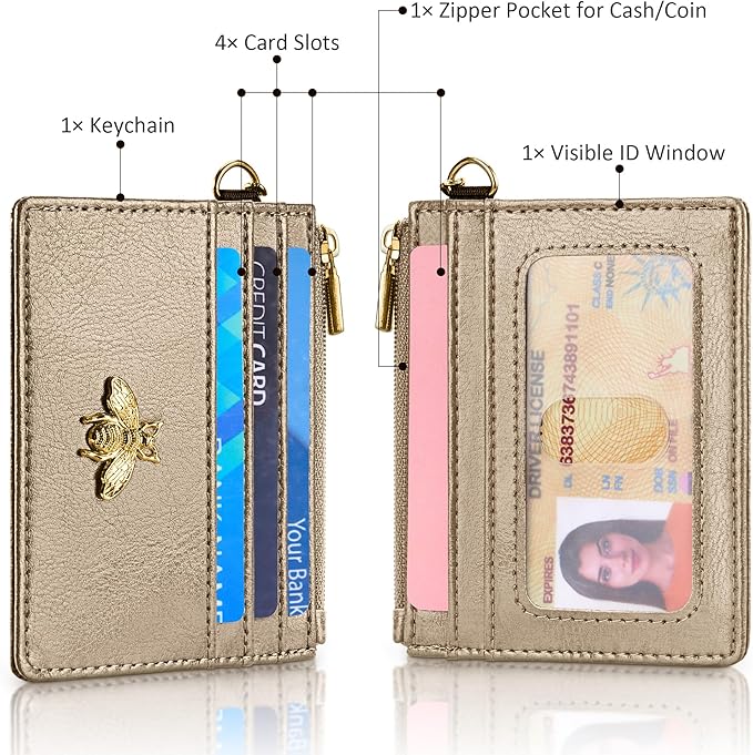 SEAVILIA Card Holder Keychain Wallet for Women with ID Window RFID Coin Purse Bee Gifts Slim Minimalist Small Wallet