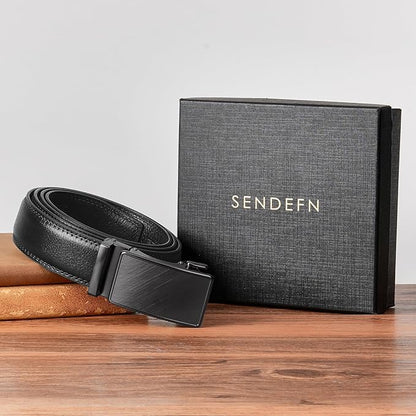 SENDEFN Men's Leather Belt Automatic Ratchet Buckle Slide Belt for Dress Casual Trim to Fit with Gift Box