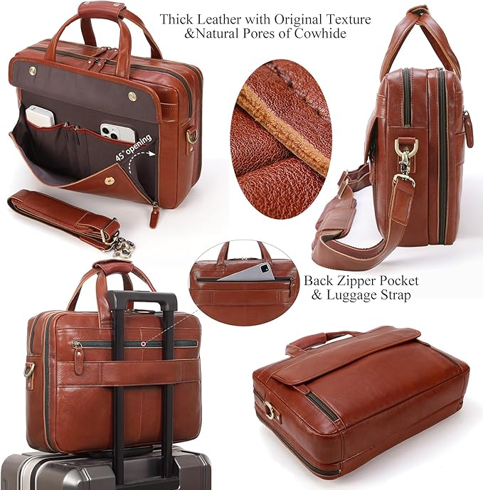 Masa Kawa Leather Briefcase for Men 15.6", 17" Laptop Computer Case Business Travel Work Messenger Cross Body Shoulder Bag