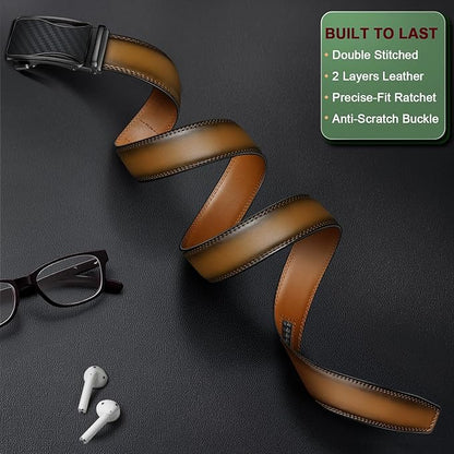 BULLIANT Mens Ratchet Belt,Leather Adjustable Slide Belt For Gift Mens Dress Casual 1 3/8",Size Adjustable