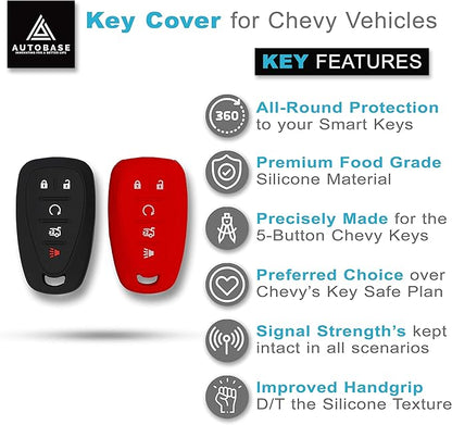 Autobase Silicone Key Fob Cover for Chevy Malibu Camaro Trax Traverse Trailblazer Sonic Cruze Blazer Volt Equinox Spark | Car Accessory for Chevrolet | Key Protection Case 2 Pcs (Black & Red)