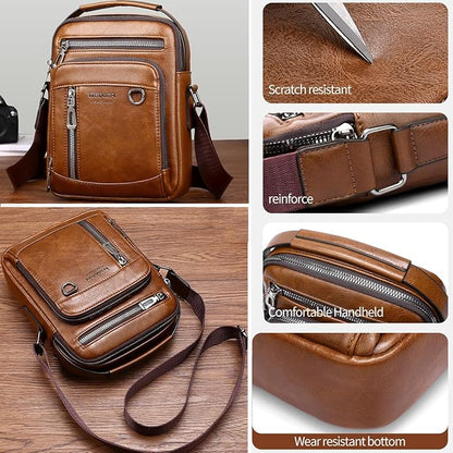 Messenger Bag for Men Crossbody Shoulder Purse Small Vintage PU Leather Satchel Pouch Side Crossover Handbag