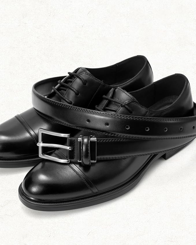 maikun Mens Black Leather Belt, 1 1/8" Casual Dress Belt with Adjustable Buckle for Jeans Office