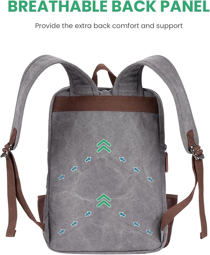 Modoker Eco-Friendly Vintage Backpack for Men Women, Canvas Bookpack Fits Most 15.6 Inches Computer and Tablets, Rucksack Backpack with USB Charging Port, Grey