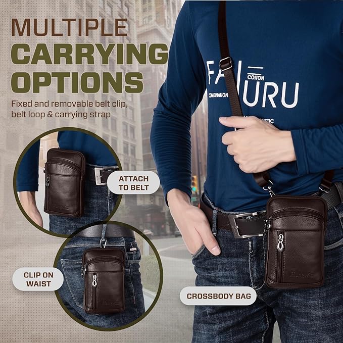 hengwin Leather Cell Phone Holster Fit for iPhone 17 Pro Max 16 Pro Max 15 Pro Max 14 Pro Max Samsung Galaxy A15 S25 Ultra Belt Pouch Crossbody Purse Messenger Bag Wallet Case with Belt Clip (Coffee)
