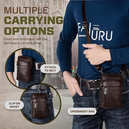 hengwin Leather Cell Phone Holster Fit for iPhone 17 Pro Max 16 Pro Max 15 Pro Max 14 Pro Max Samsung Galaxy A15 S25 Ultra Belt Pouch Crossbody Purse Messenger Bag Wallet Case with Belt Clip (Coffee)