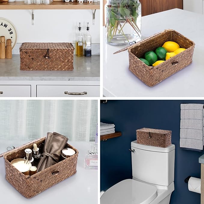 Hipiwe Wicker Shelf Baskets Bin with Lid, Handwoven Seagrass Basket Storage Bins Rectangular Household Basket Boxes for Shelf Wardrobe Home Organizer, Coffee X-Small