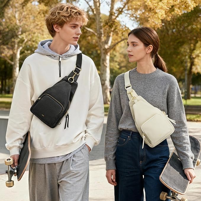 Kattee Small Sling Bag for Women, Leather Fanny Packs Crossbody Purse, Chest Bag for Travel with RFID Blocking, Beige