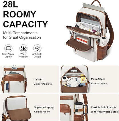 Shrrie Vegan Leather Laptop Backpack for Women,17 Inch Computer Backpack Purse for Work Business College Travel Teacher Nurse with Anti-theft Pocket & Giant Tumbler Holder Pocket,Beige with Brown