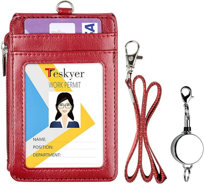 Teskyer Leather Badge Holder with Lanyard and Retractable Badge Reel, 4 Card Slots ID Card Holder with 1 Zipper Pocket for Office School Name Work IDs, Wine Red