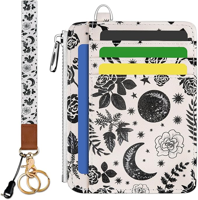 Hancynir Goth Moon Floral Slim Wallet Women Credit Card Holder, RFID Blocking Front Pocket Wallet Wristlet Keychain Lanyard, Small Cute Mini Card Case, Thin Travel Zipper Coin PU Leather Ladies Gifts