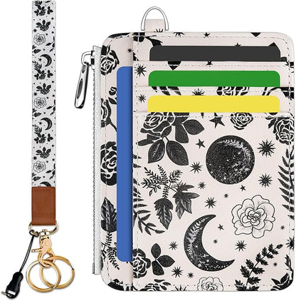 Hancynir Goth Moon Floral Slim Wallet Women Credit Card Holder, RFID Blocking Front Pocket Wallet Wristlet Keychain Lanyard, Small Cute Mini Card Case, Thin Travel Zipper Coin PU Leather Ladies Gifts