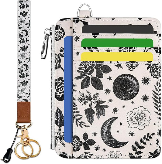 Hancynir Goth Moon Floral Slim Wallet Women Credit Card Holder, RFID Blocking Front Pocket Wallet Wristlet Keychain Lanyard, Small Cute Mini Card Case, Thin Travel Zipper Coin PU Leather Ladies Gifts