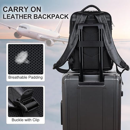 TIDING Men's Leather Business Backpack Fits 15.6 Inch Laptop, Expandable Office Work Casual Daypack with USB Charging Port