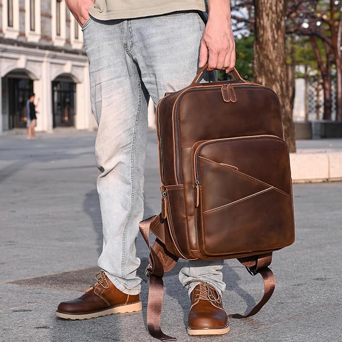 Vintage Full Grain Leather Backpack for Men, 16" Laptop Rucksack For Men Hiking Trave Work Business Bag, Brown